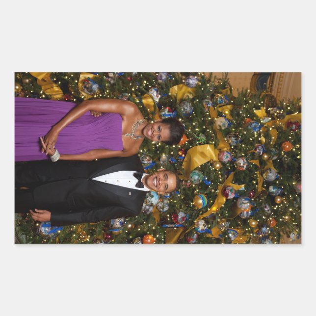 Pegatina Rectangular Navidades del presidente Barack Obama y Michelle (Anverso)