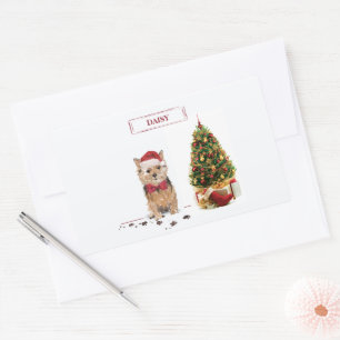Pegatina Rectangular Navidades divertidos de Norfolk Terrier con árbol
