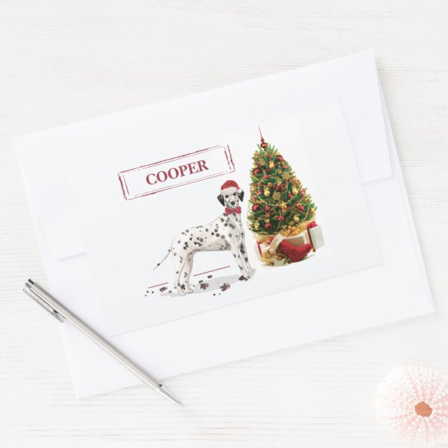 Pegatina Rectangular Navidades divertidos: Perro y árbol dalmatianos (Sobre)