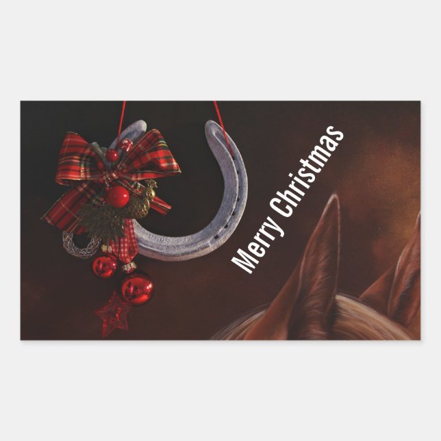 Pegatina Rectangular Navidades ecuestres colgando foto de herradura (Anverso)