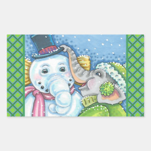 PEGATINA RECTANGULAR NAVIDADES ELEPHANT BUILDING CUTE PACHYDERM SNOWMAN