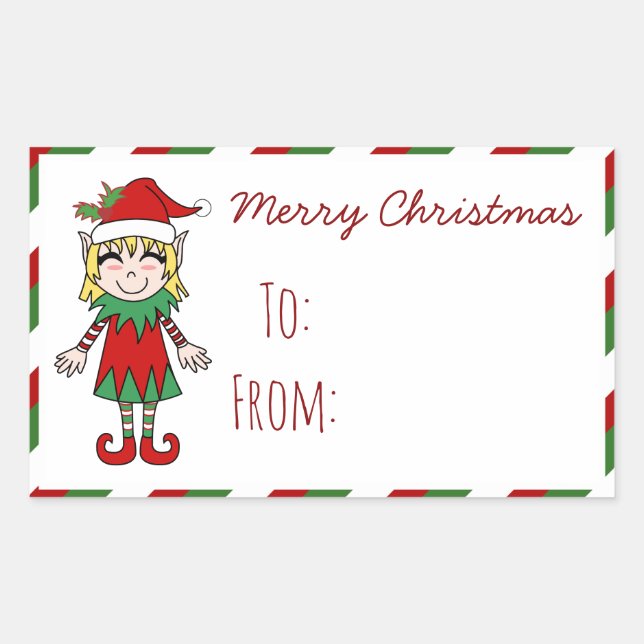 Pegatina Rectangular Navidades Elf Chica Merry Christmas Gift (Anverso)