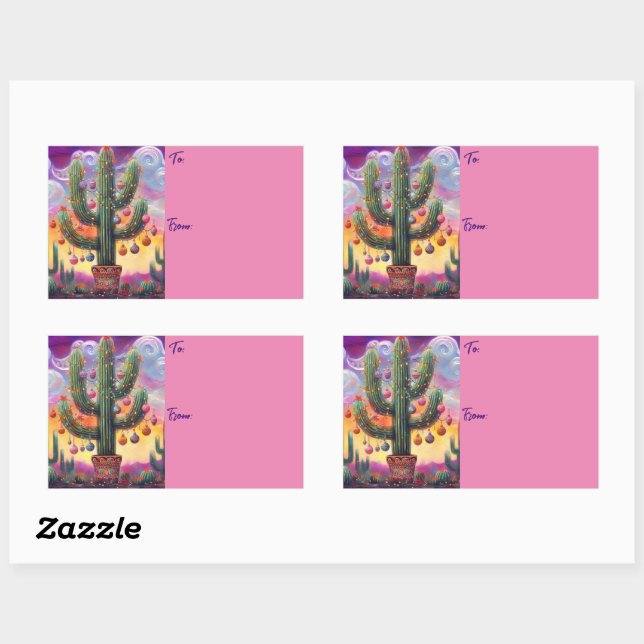 Pegatina Rectangular Navidades en el desierto Saguaro Cactus al suroest (Hoja)