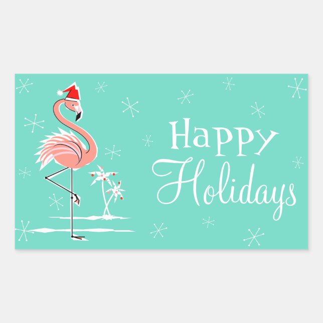 Pegatina Rectangular Navidades Flamingo Happy Holidays rectángulo (Anverso)