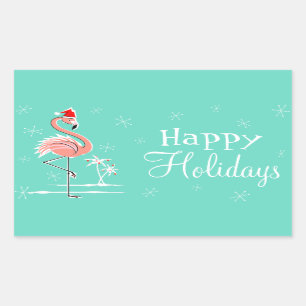 Pegatina Rectangular Navidades Flamingo Happy Holidays rectángulo