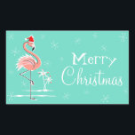 Pegatina Rectangular Navidades Flamingo Merry Christmas rectángulo<br><div class="desc">Diseño elegante con un toque retro con un flamenco rosado festivo con un sombrero de Santa Claus rojo, estrellas y palmeras decoradas con azulejos sobre un fondo acuático. Un diseño de personalizable para que puedas personalizar con tu propio texto, imágenes e ideas. Imagen original de arte digital creada por Quirky...</div>