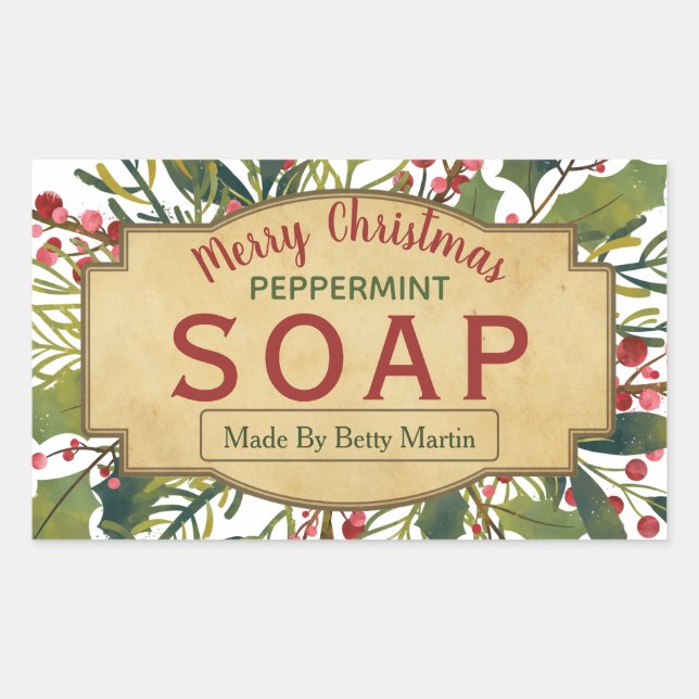 Pegatina Rectangular Navidades Foliage Mistletoe Holly Soap Labs (Anverso)
