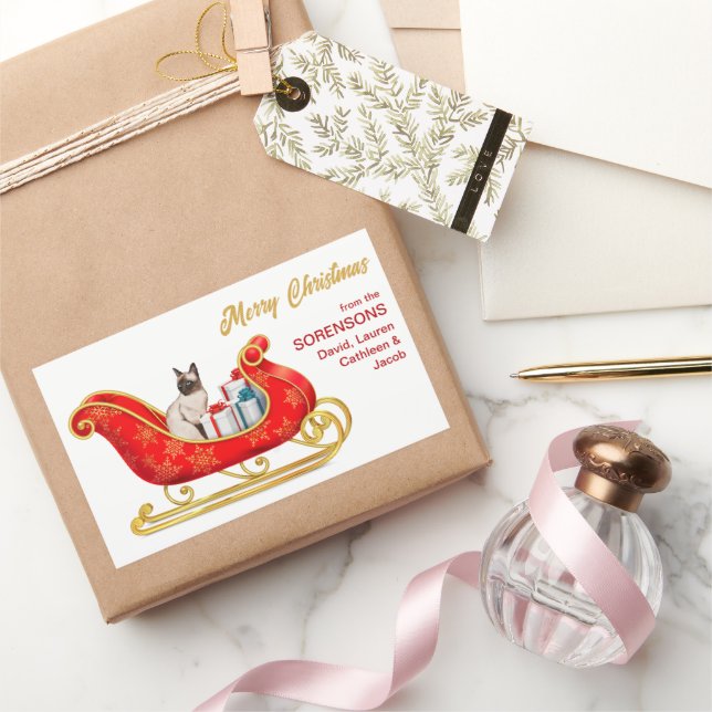 Pegatina Rectangular Navidades gatos siameses dan Sleigh (Regalar)