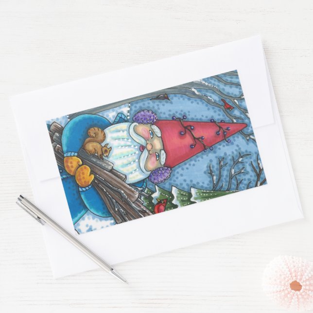 PEGATINA RECTANGULAR NAVIDADES GNOME, SQUIRREL, WOODPECKER Y CARDINAL (Sobre)