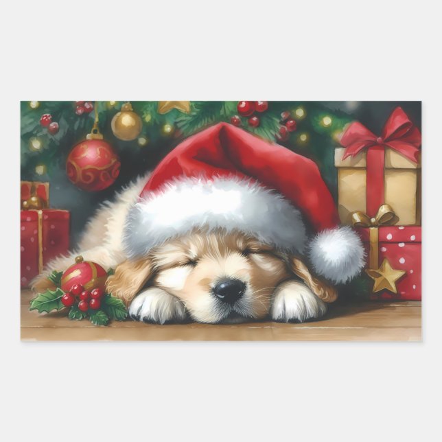 Pegatina Rectangular Navidades Golden Retriever Puppy (Anverso)