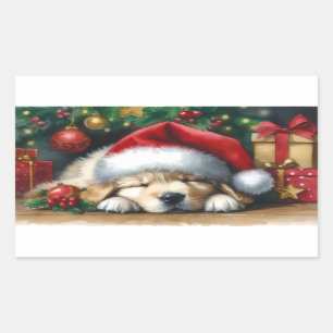 Pegatina Rectangular Navidades Golden Retriever Puppy