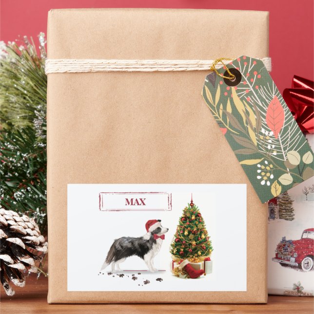 Pegatina Rectangular Navidades graciosos de Border Collie con árbol (Vacaciones)