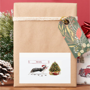 Pegatina Rectangular Navidades graciosos de Border Collie con árbol