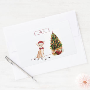 Pegatina Rectangular Navidades graciosos de Chihuahua con un árbol
