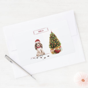Pegatina Rectangular Navidades graciosos de Cocker Brown con un árbol