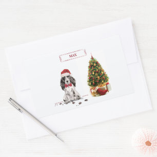 Pegatina Rectangular Navidades graciosos de Cocker Spaniel con árbol