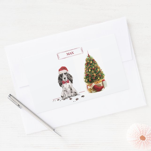 Pegatina Rectangular Navidades graciosos de Cocker Spaniel con árbol (Sobre)