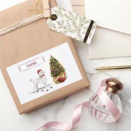 Pegatina Rectangular Navidades graciosos de White Poodle con árbol