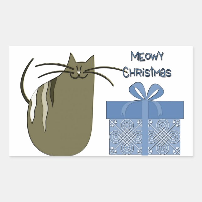 Pegatina Rectangular Navidades Meowy Gray Cat con regalo azul (Anverso)