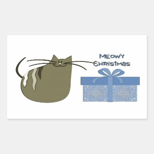 Pegatina Rectangular Navidades Meowy Gray Cat con regalo azul