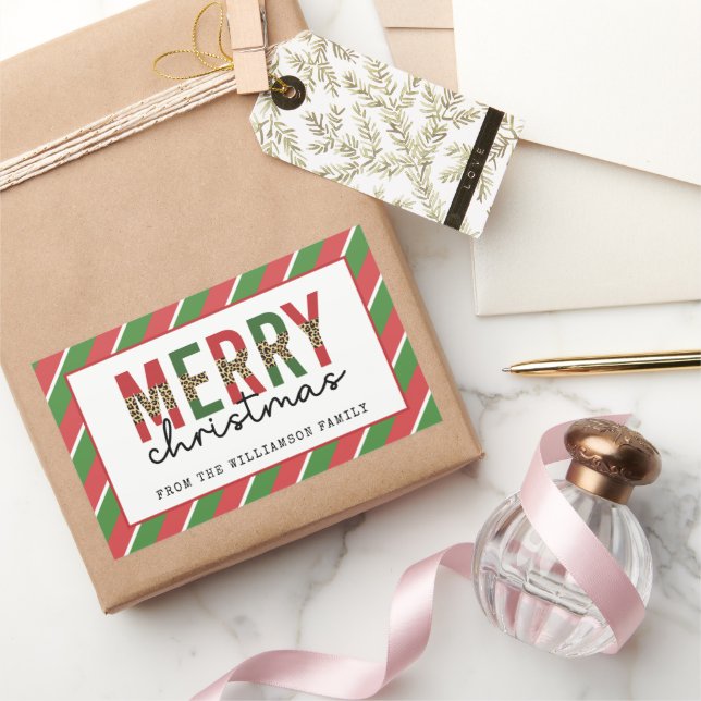 Pegatina Rectangular Navidades modernos leopardo imprimen rayas verdes  (Regalar)