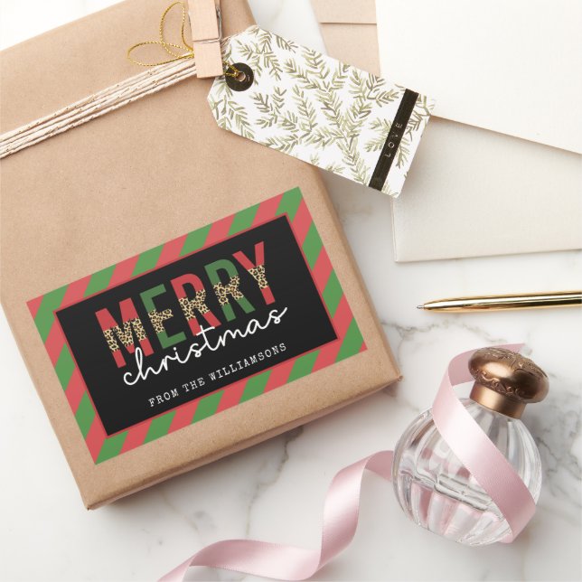 Pegatina Rectangular Navidades modernos leopardo imprimen rayas verdes  (Regalar)