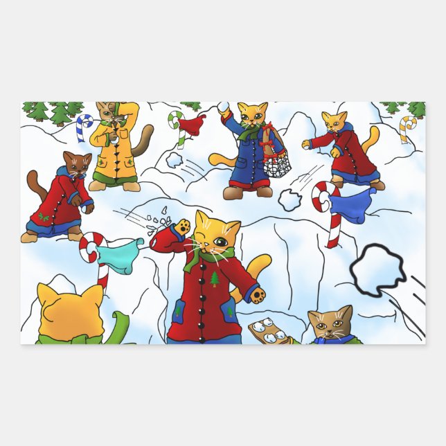 Pegatina Rectangular Navidades Pelean Con Gatos (Anverso)