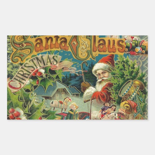 Pegatina Rectangular Navidades Santa Claus Arte Antiguo (Anverso)