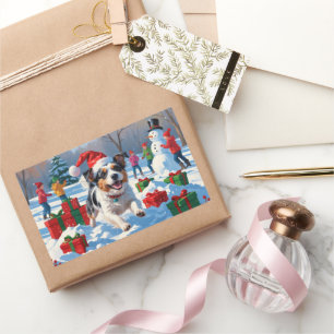 Pegatina Rectangular Navidades Terrier Australianos celebran escena de