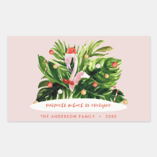 Pegatina Rectangular Navidades tropicales Flamingo botánico de palma mo