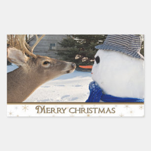 Pegatina Rectangular Navidades venado y hombre de nieve