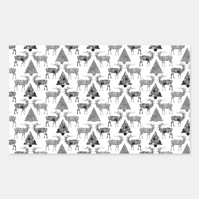 Pegatina Rectangular Navidades venados y árboles (Anverso)