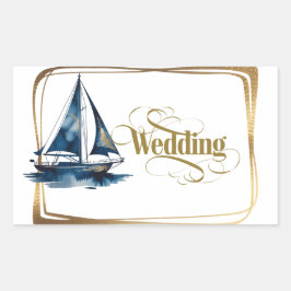 Pegatina Rectangular Navy and Gold Nautical Boat Gold Frame Wedding