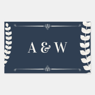 Pegatina Rectangular Navy Blue and Ivory Elegant Laurel Monogram Weddin