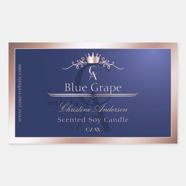 Pegatina Rectangular Navy Blue Product Label Rose Gold Frame Monogram (Anverso)
