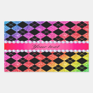 Pegatina Rectangular Negro de neón de los diamantes del purpurina del