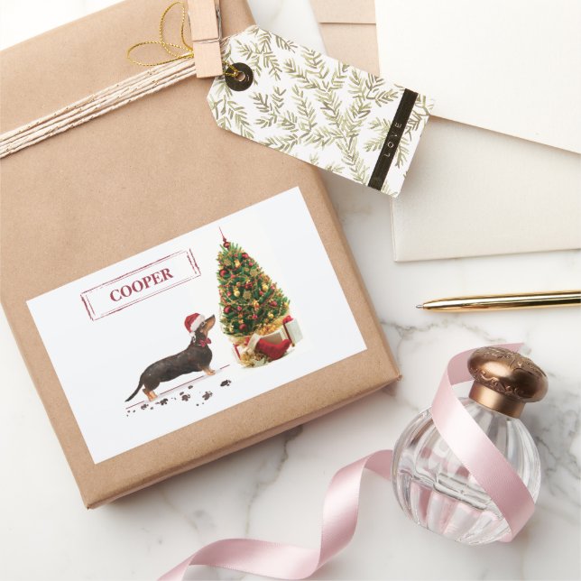 Pegatina Rectangular Negro y Tan Dachshund Navidades graciosos perro (Regalar)