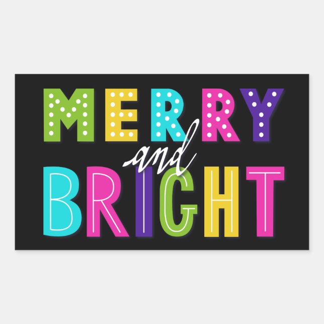 Pegatina Rectangular Neon Merry y Bright (Anverso)