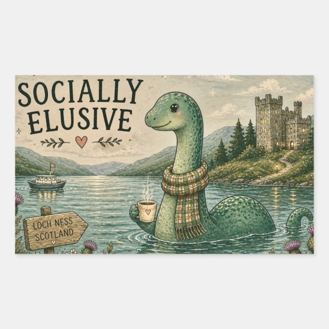 Pegatina Rectangular Nessie esquiva socialmente criptozoológico Loch Ne (Anverso)