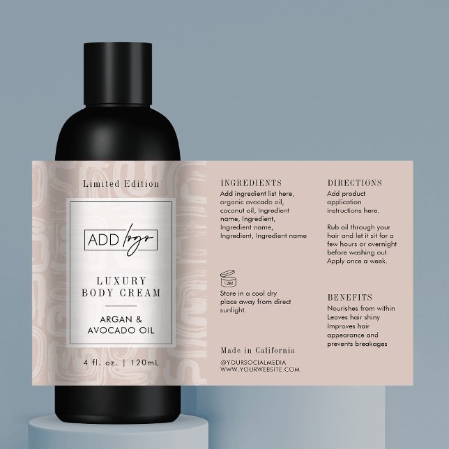 Pegatina Rectangular Neutral Beige Bohemian Logo 4OZ Cosmetic Bottle (Modern boho style cosmo bottle wraparound label template)