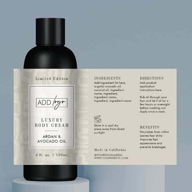 Pegatina Rectangular Neutral Beige Boho Pattern Logo 4OZ Cosmo Bottle (Elegant abstract pattern light cream product label template)