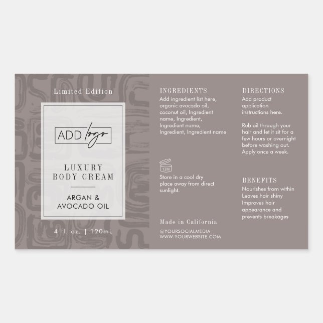 Pegatina Rectangular Neutral Taupe Beige Boho Logo 4OZ Cosmetic Bottle (Anverso)