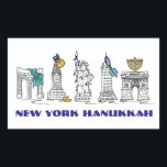 Pegatina Rectangular New York City NYC Feliz feriado de Hanukkah Chanuk<br><div class="desc">Cuenta con un original ilustracion con lápiz y tinta de varios monumentos de la ciudad de Nueva York "vestidos" para las vacaciones. ¡Perfecto para Hanukkah! Este ilustracion Chanukah también está disponible en otros productos. ¿No ves lo que estás buscando? ¿Necesita ayuda con la personalización? Contacte con Rebecca para que tenga...</div>