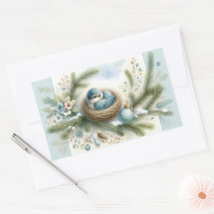 Pegatina Rectangular Nido de pájaro azul con adornos en pinos de invier