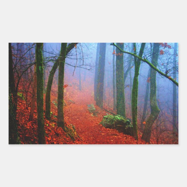 Pegatina Rectangular Niebla azul del otoño del bosque pintado (Anverso)