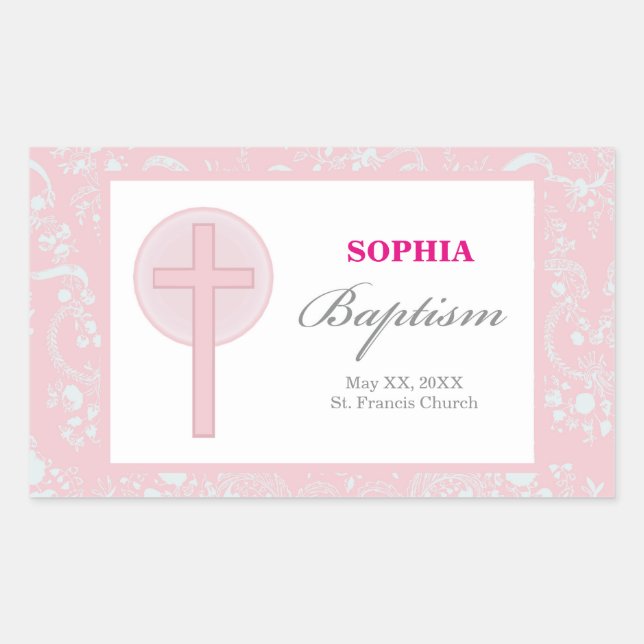 Pegatina Rectangular Niña de encaje rosa Bautizo (Anverso)