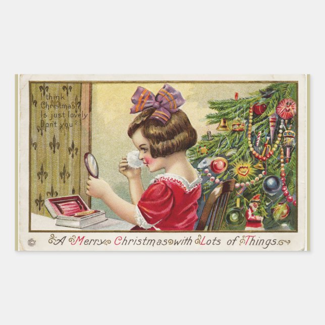 Pegatina Rectangular Niña pequeña con Navidades espejo de maquillaje (Anverso)