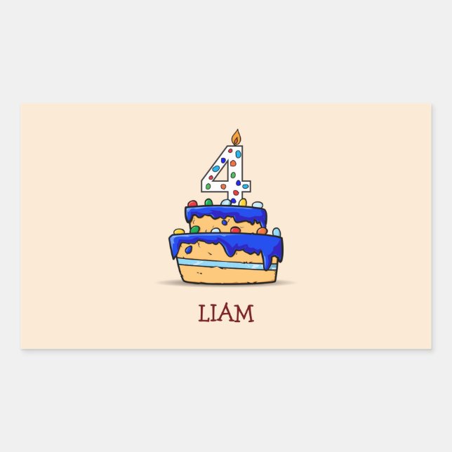 Pegatina Rectangular Niño 4 cumpleaños, 4 en dulce pastel azul (Anverso)