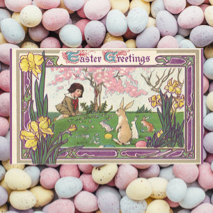 Pegatina Rectangular Niño Antiguo en una Caza de Huevos de Pascua con A