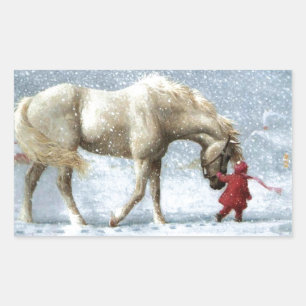 Pegatina Rectangular Niño Liderando Un Caballo En La Nieve